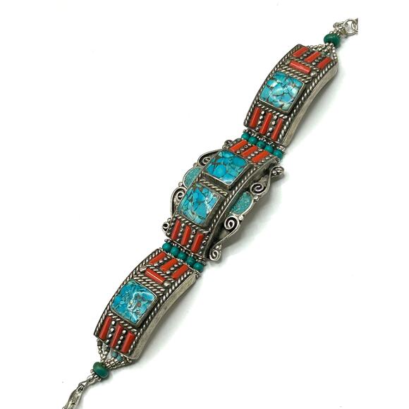 Tibetan Silver Turquoise Coral Set Bracelet Ring Earrings Adjustable - Picture 5 of 8